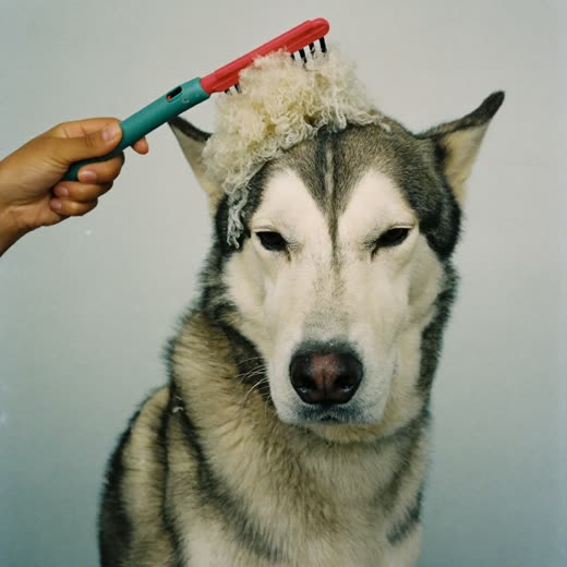 A double-coated dog being de-shedded with a grooming rake